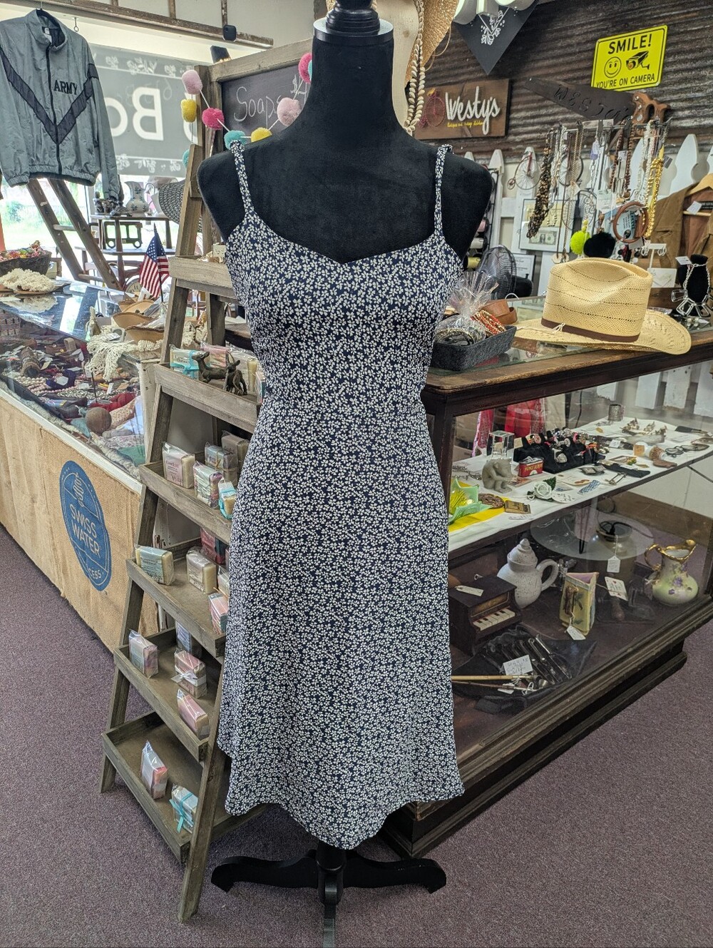 Reformation Navy Blue Floral Slip Dress with Spaghetti Straps